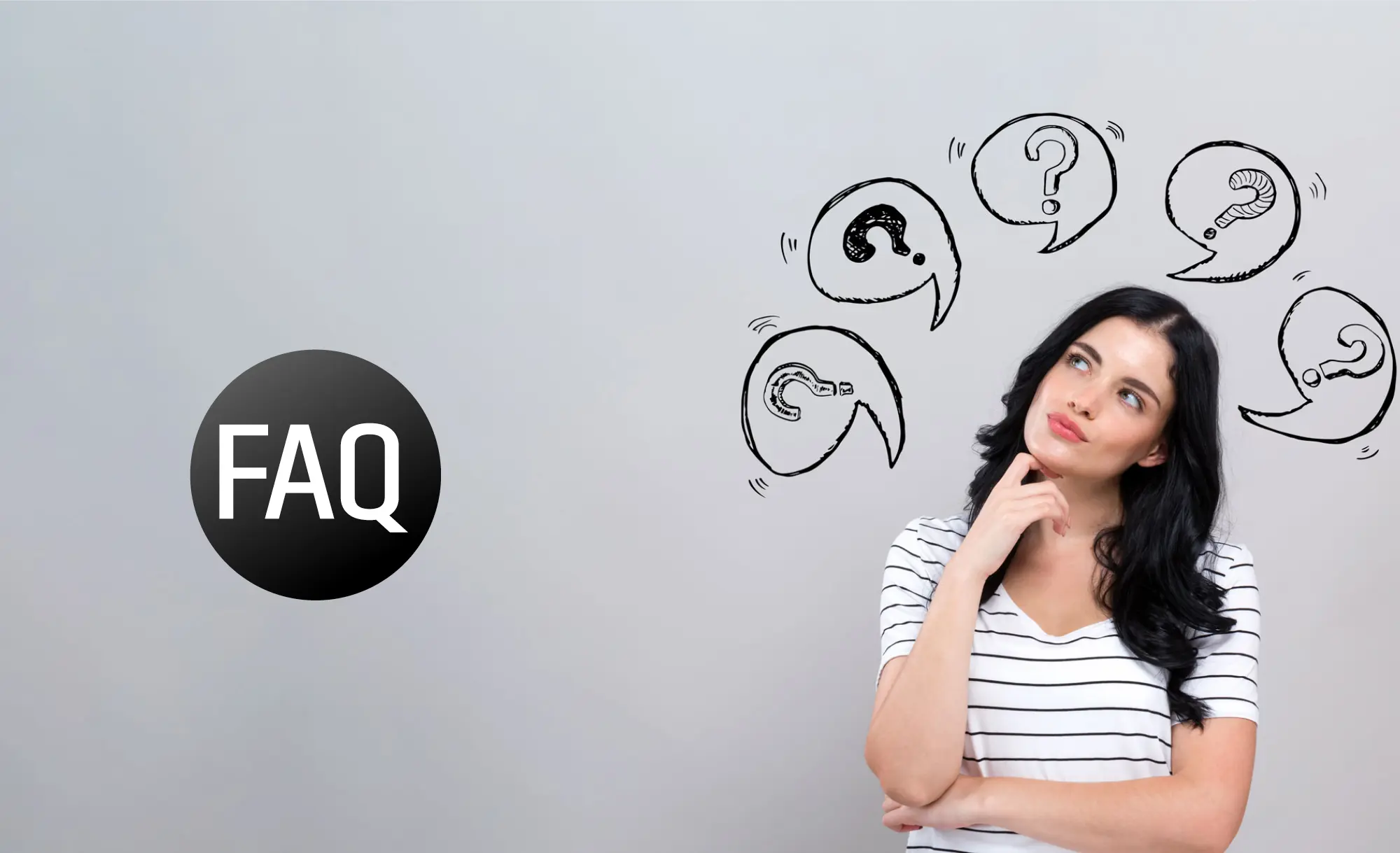 A person with various comic voice bubbles with question mark above the head